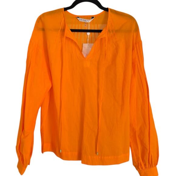 Trina Turk Cape Coral Split V Tie Neck Top Cotton Blouse XS, Orange | NEW $248 - Picture 3 of 5